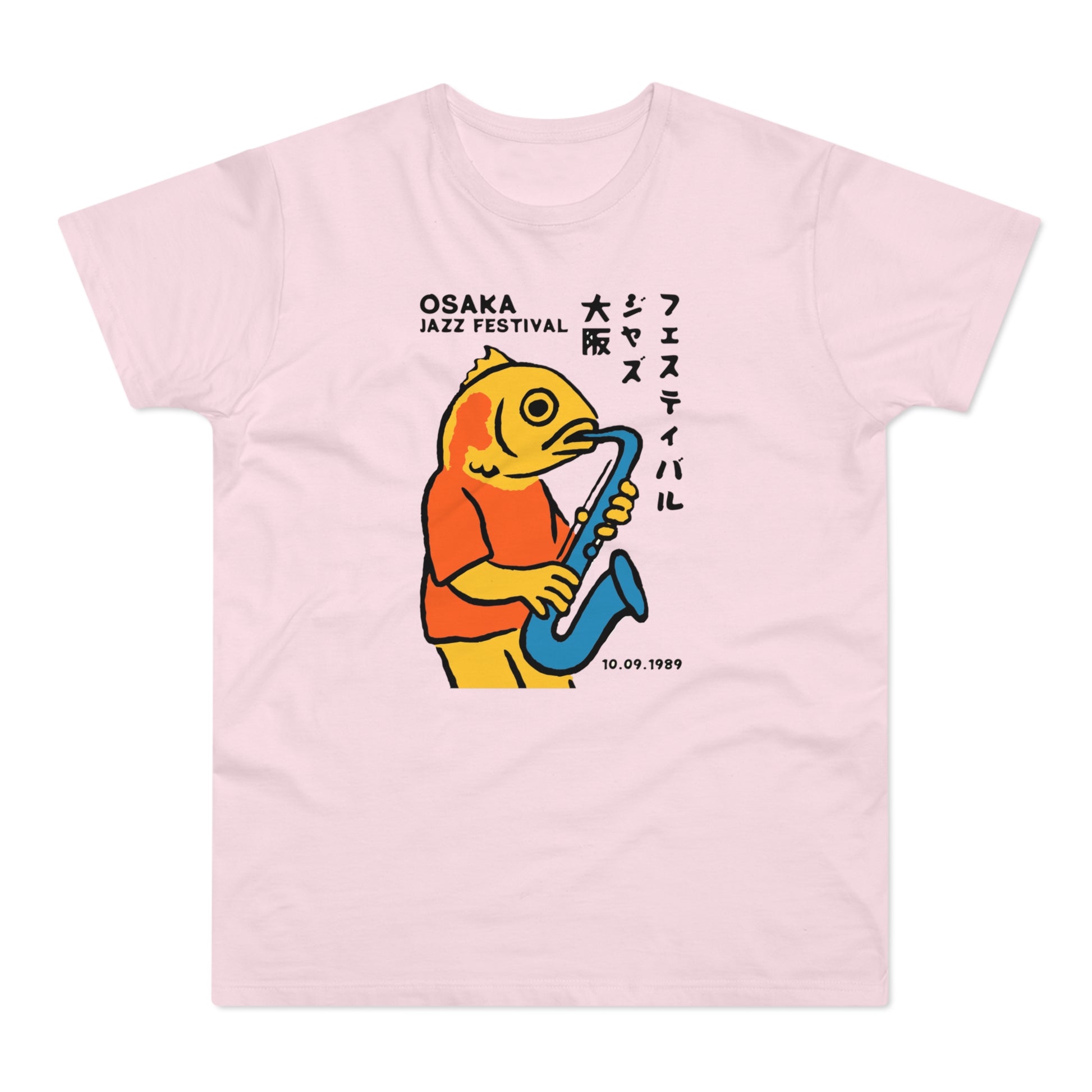 Cartoon fish playing saxophone, "OSAKA JAZZ FESTIVAL" and Japanese text, date 10.09.1989.