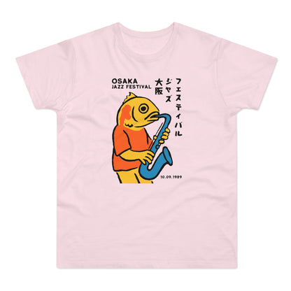Cartoon fish playing saxophone, "OSAKA JAZZ FESTIVAL" and Japanese text, date 10.09.1989.