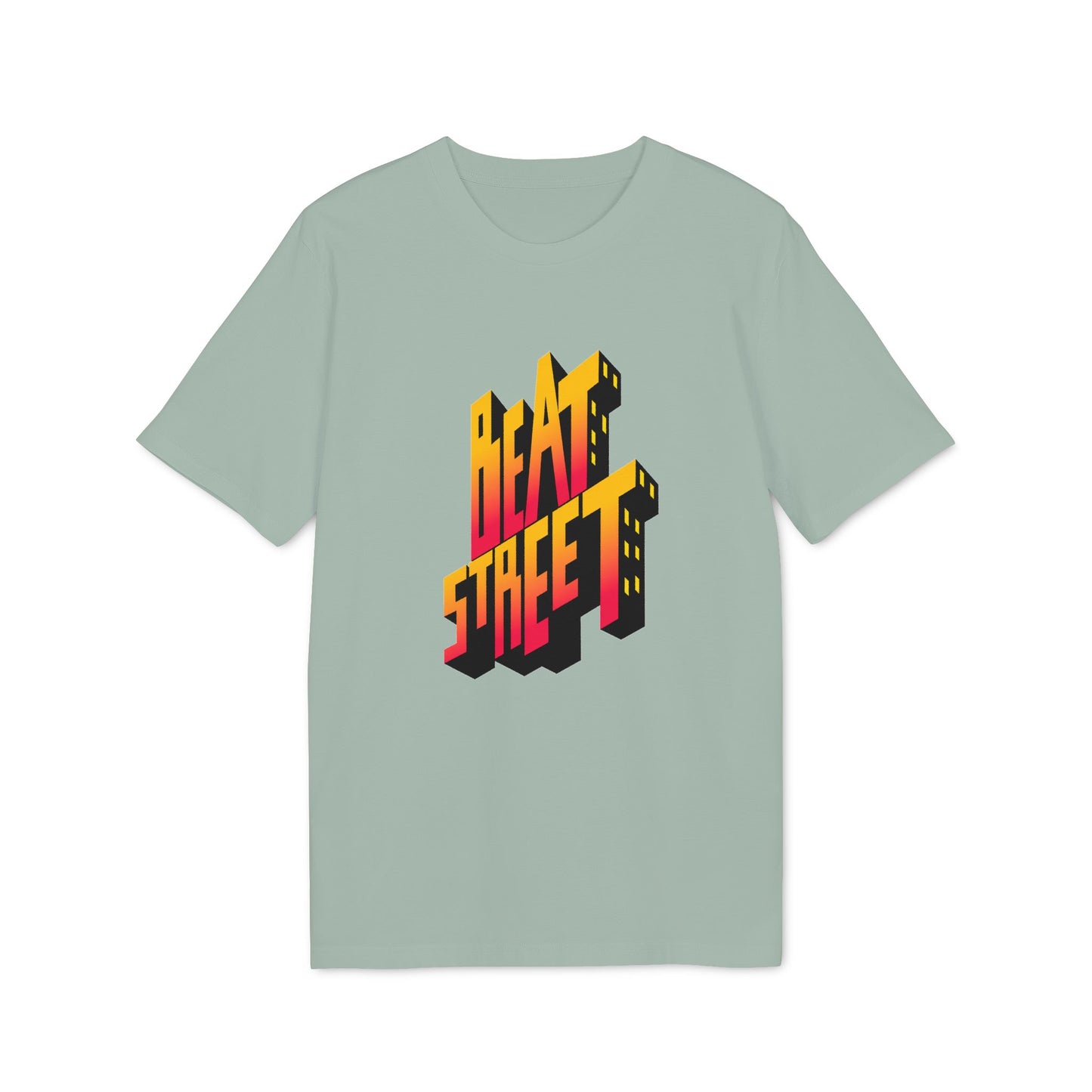 T-shirt with 3D "BEAT STREET" text in yellow and red cityscape design.