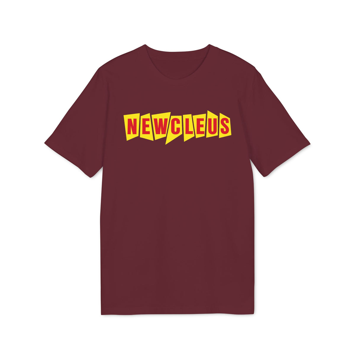Maroon t-shirt with yellow and red "NEWCLEUS" text graphic.