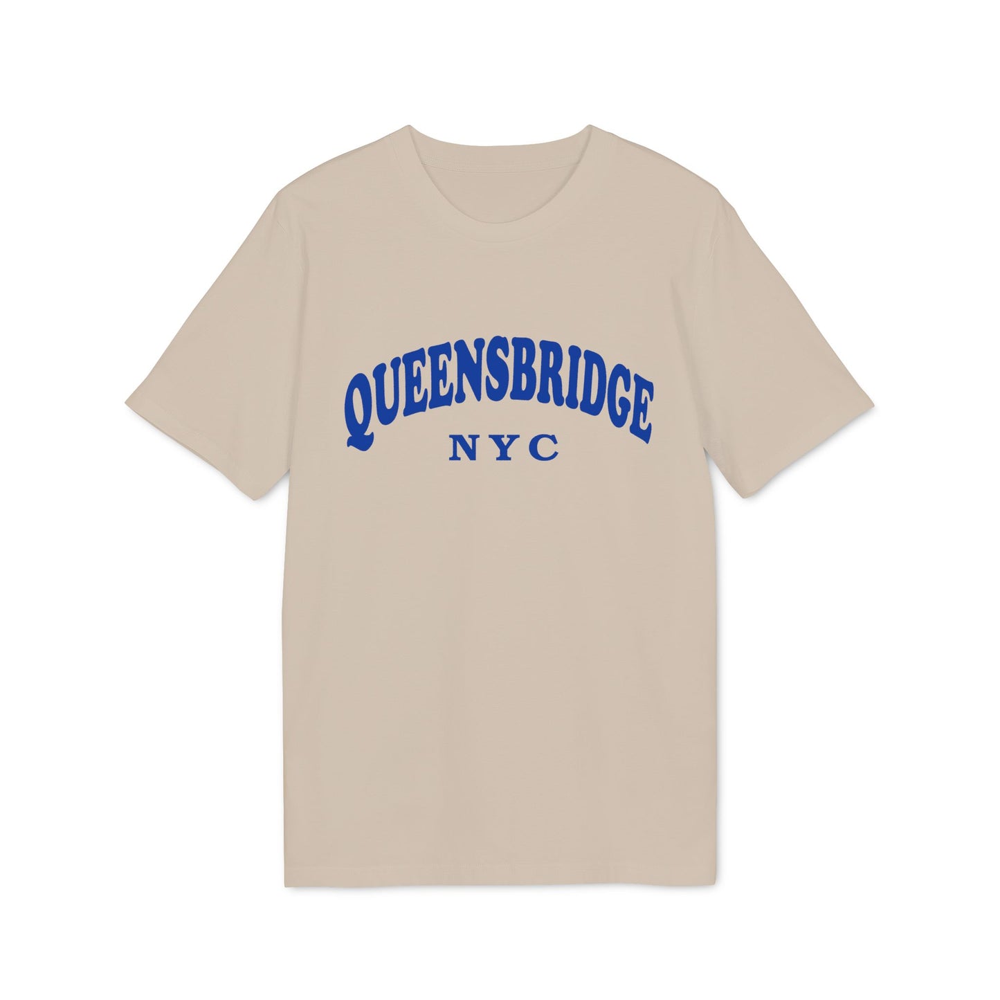 Beige t-shirt with blue "QUEENSBRIDGE NYC" text arching across the chest.