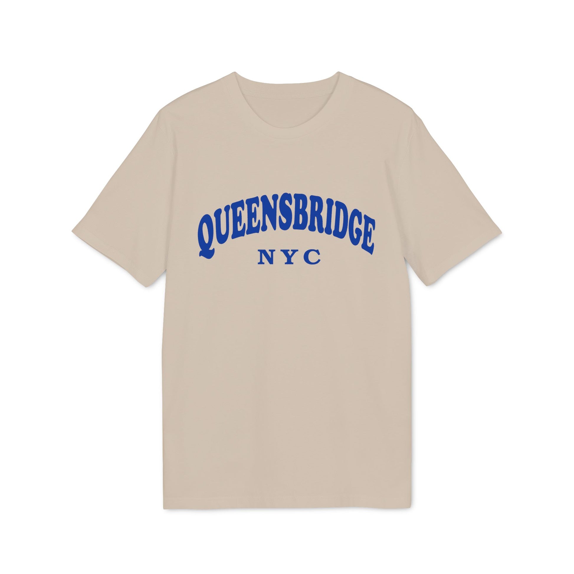 Beige t-shirt with blue "QUEENSBRIDGE NYC" text arching across the chest.