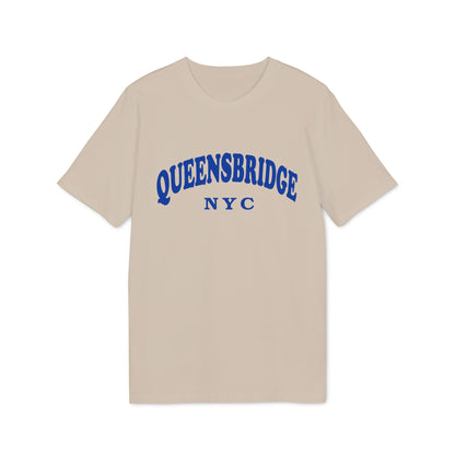 Beige t-shirt with blue "QUEENSBRIDGE NYC" text arching across the chest.