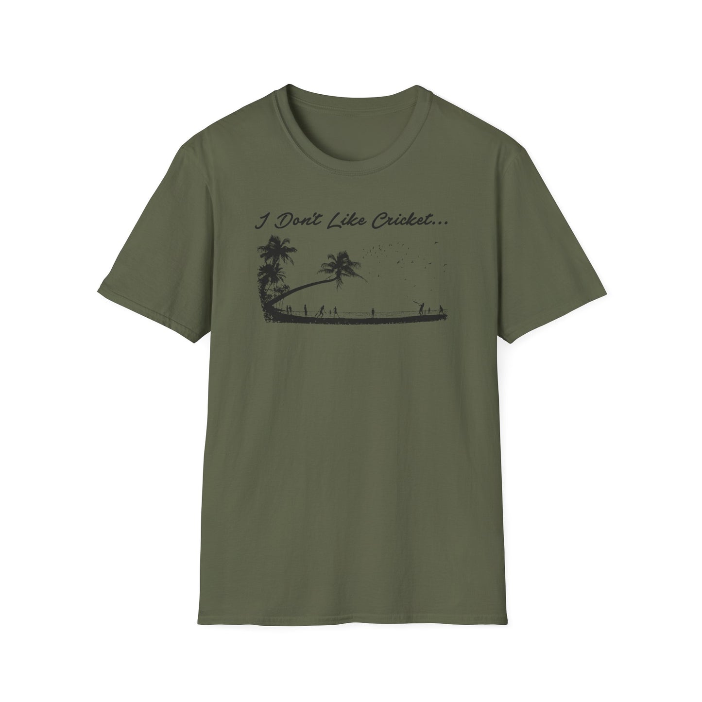 Green t-shirt with black graphic of palm trees and a beach scene with text "I Don't Like Cricket..."