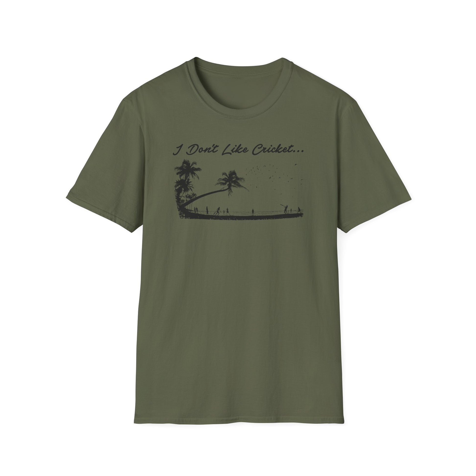 Green t-shirt with black graphic of palm trees and a beach scene with text "I Don't Like Cricket..."