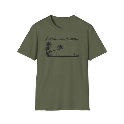 Green t-shirt with black graphic of palm trees and a beach scene with text "I Don't Like Cricket..."