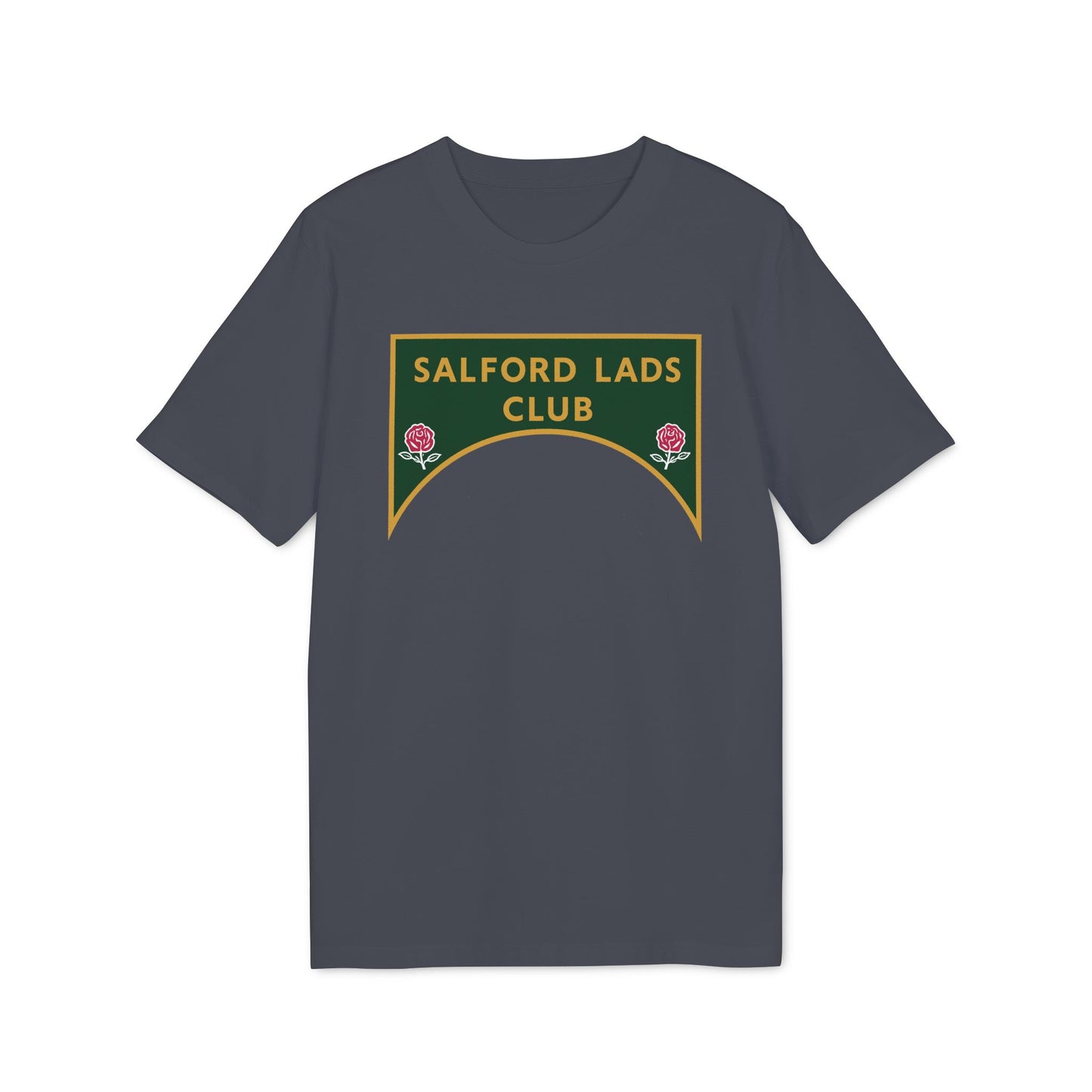 Dark grey t-shirt with a green and gold crest reading "SALFORD LADS CLUB" with two pink roses.