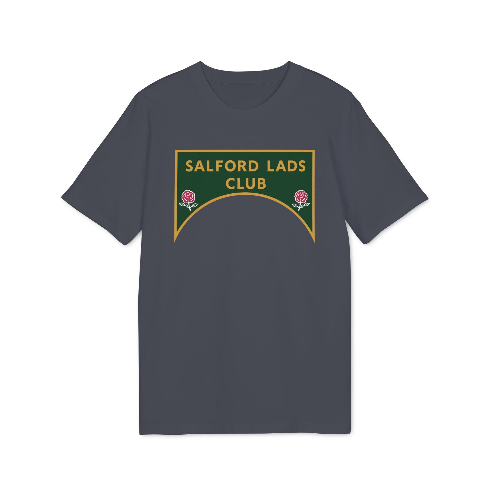Dark grey t-shirt with a green and gold crest reading "SALFORD LADS CLUB" with two pink roses.