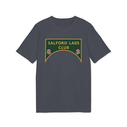 Dark grey t-shirt with a green and gold crest reading "SALFORD LADS CLUB" with two pink roses.