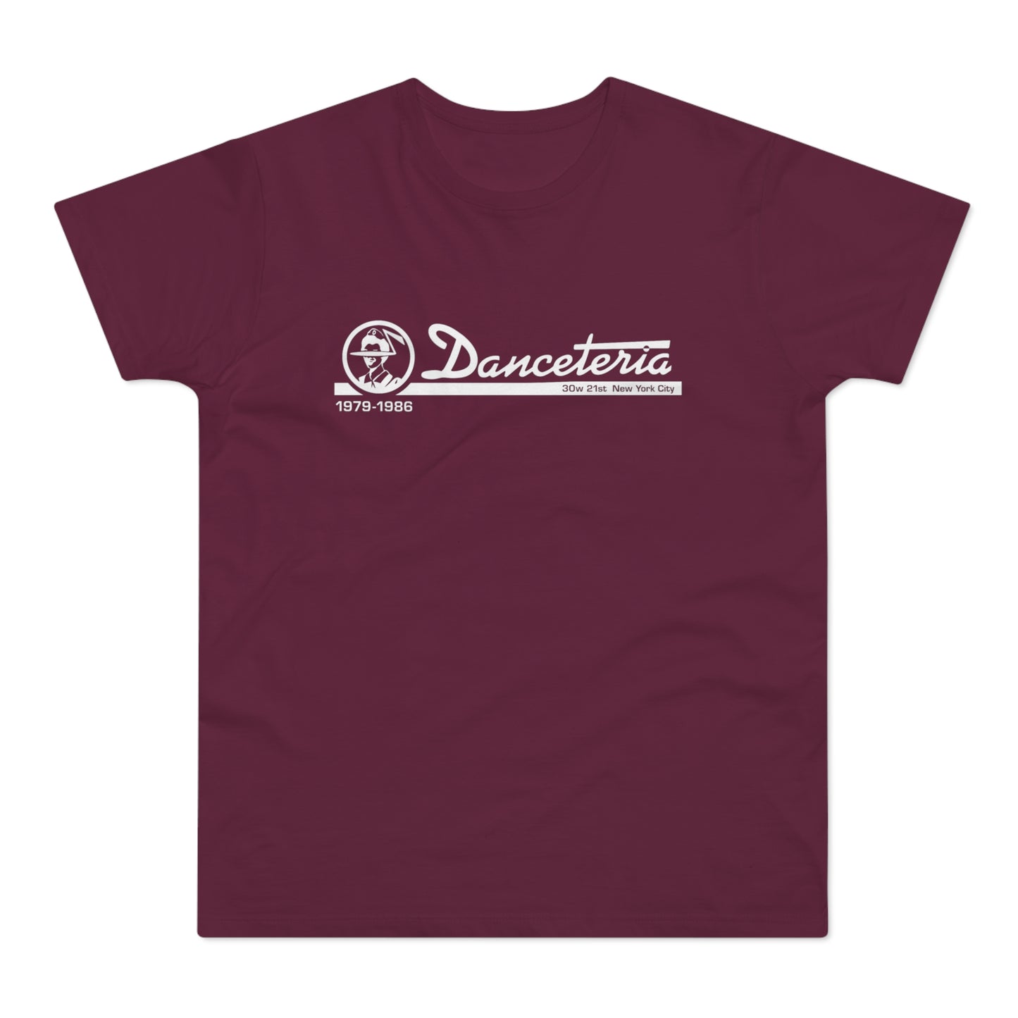 Burgundy t-shirt with white Danceteria logo, 1979-1986, 30w 21st New York City.