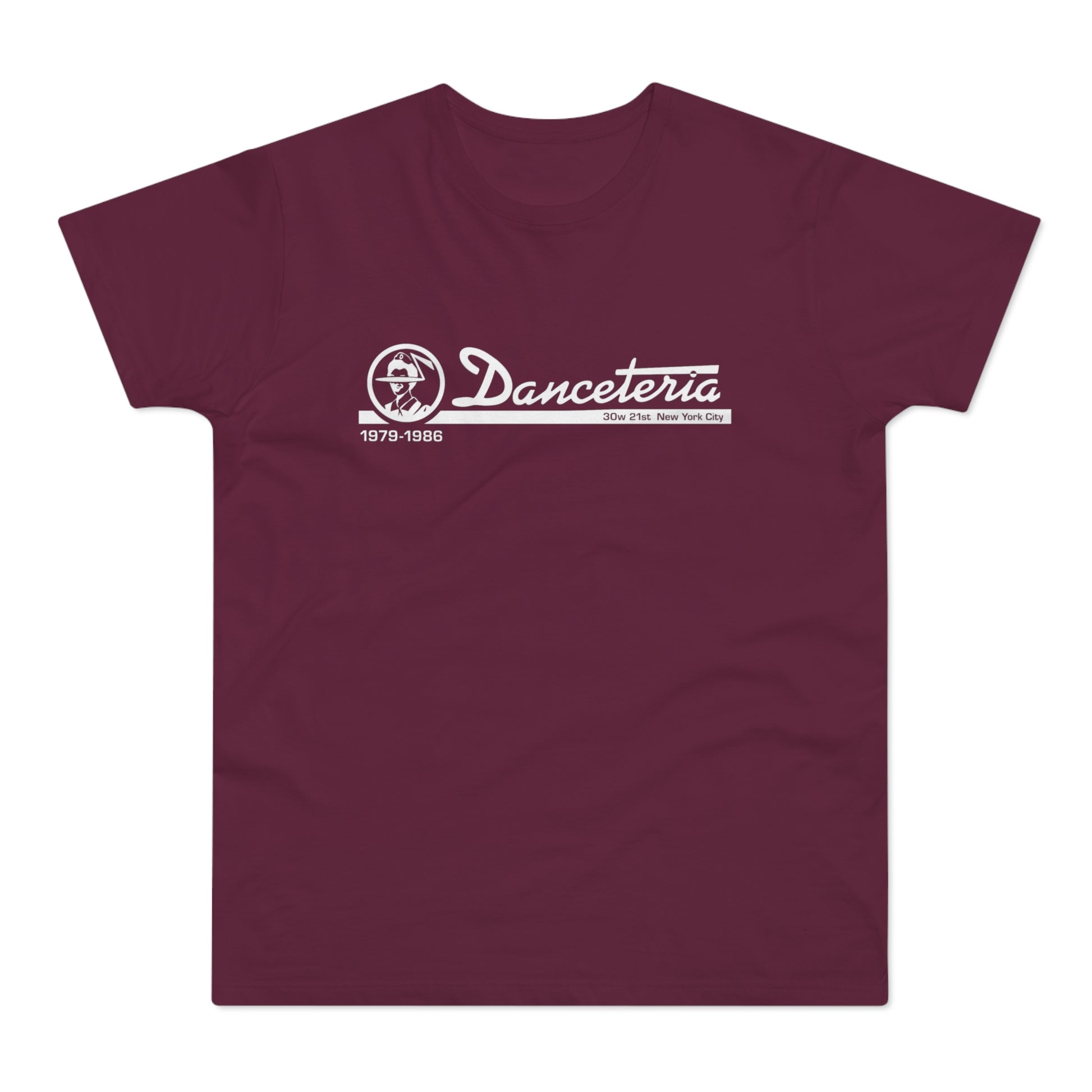 Burgundy t-shirt with white Danceteria logo, 1979-1986, 30w 21st New York City.
