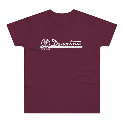 Burgundy t-shirt with white Danceteria logo, 1979-1986, 30w 21st New York City.