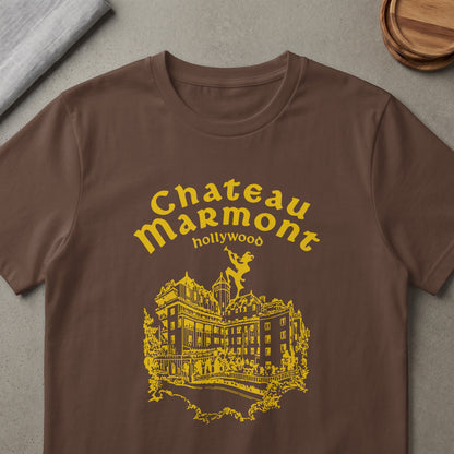 Brown t-shirt with yellow Chateau Marmont Hollywood graphic featuring a building.