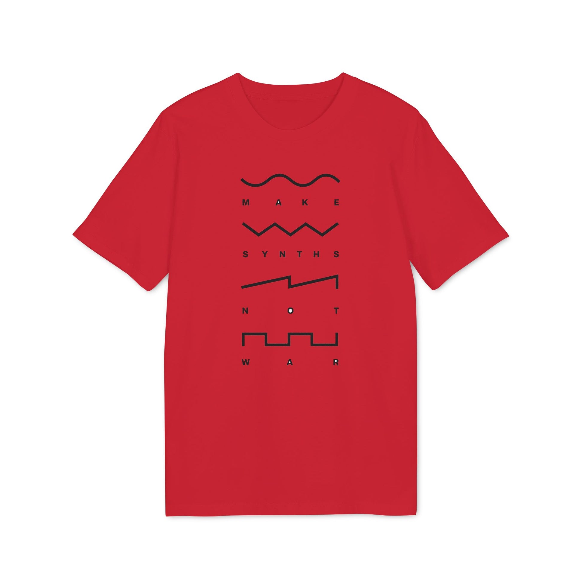 Red t-shirt with black text and waveform graphics reading "MAKE SYNTHS NOT WAR".