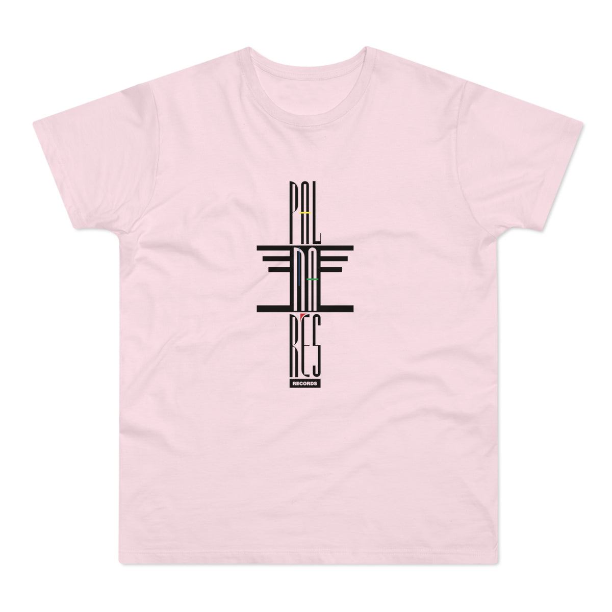 Pink t-shirt with vertical black text logo "PAL MNA RES RECORDS"