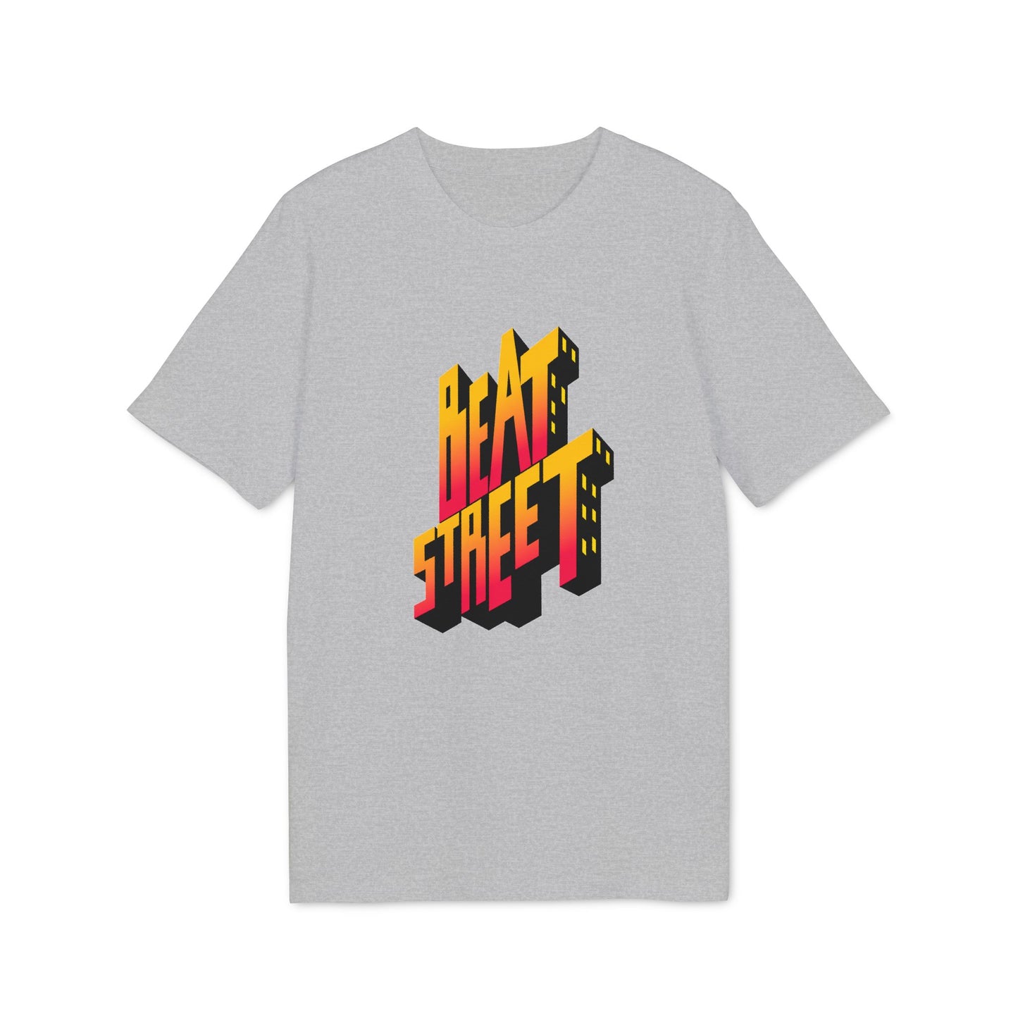 Grey t-shirt with 3D "BEAT STREET" text in yellow and red gradient.