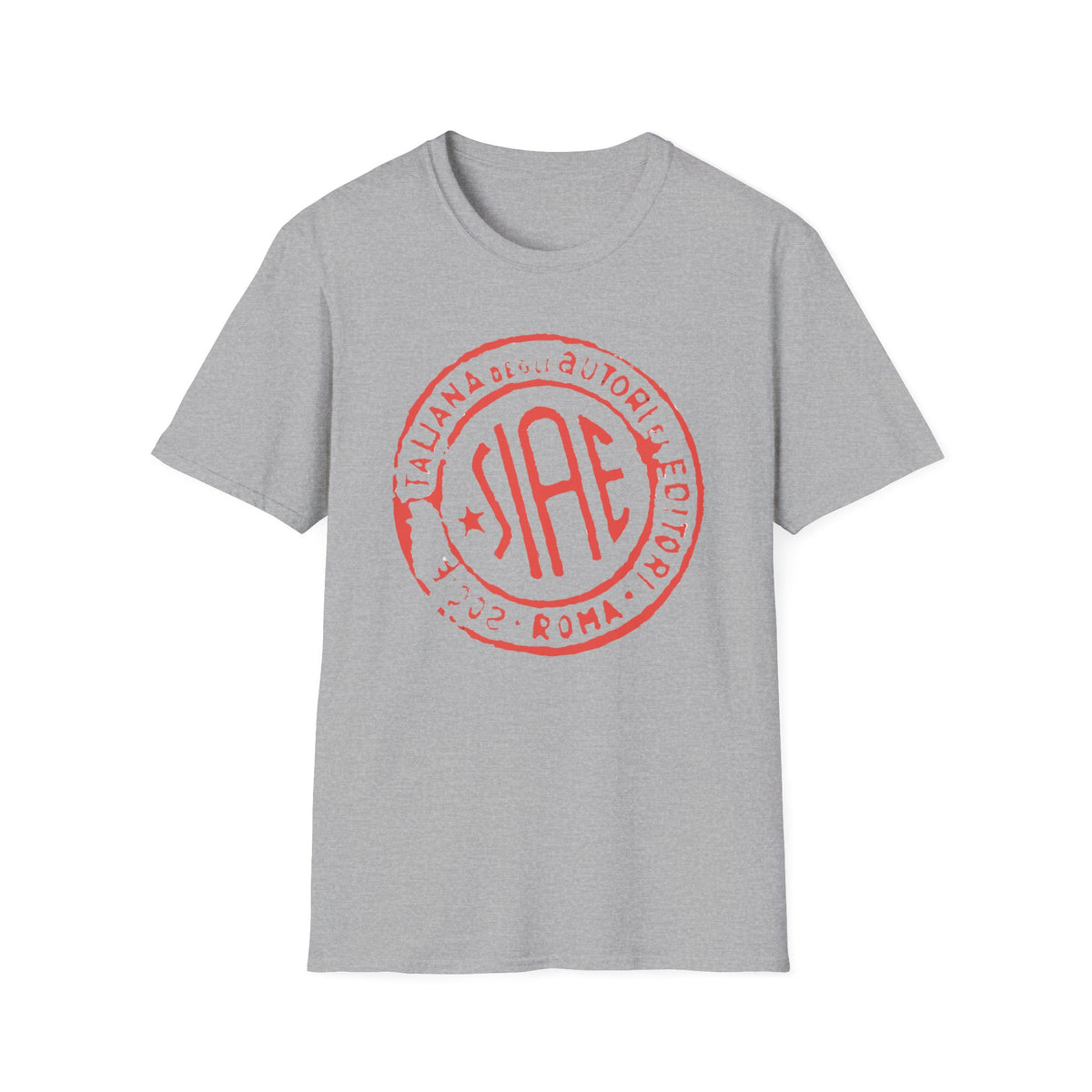 Grey t-shirt with red SIAE, Italia degli autori, Roma 2002 logo.