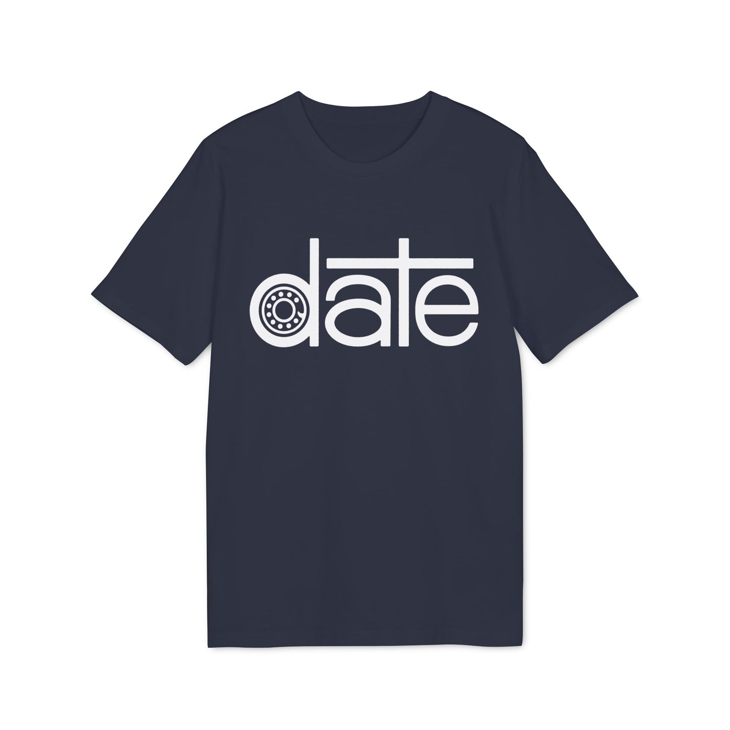 Navy blue t-shirt with white text "date" featuring a cogwheel as the letter 'a'.