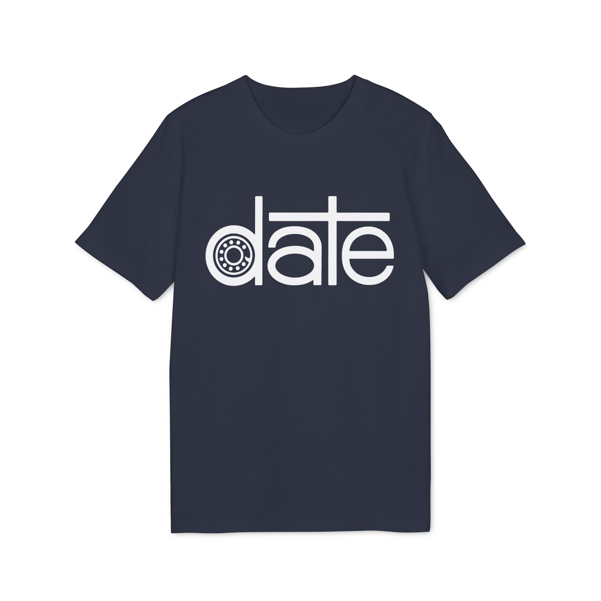 Navy blue t-shirt with white text "date" featuring a cogwheel as the letter 'a'.