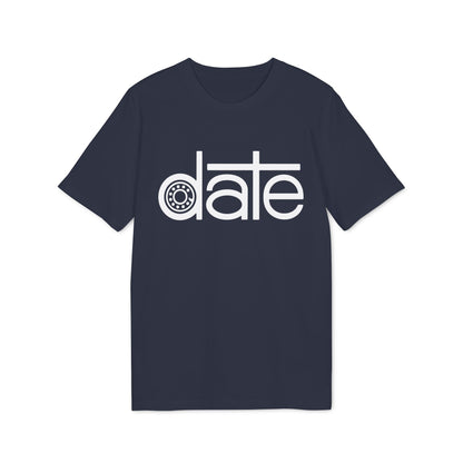 Navy blue t-shirt with white text "date" featuring a cogwheel as the letter 'a'.