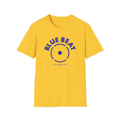 Yellow t-shirt with blue "BLUE BEAT" text and record graphic.