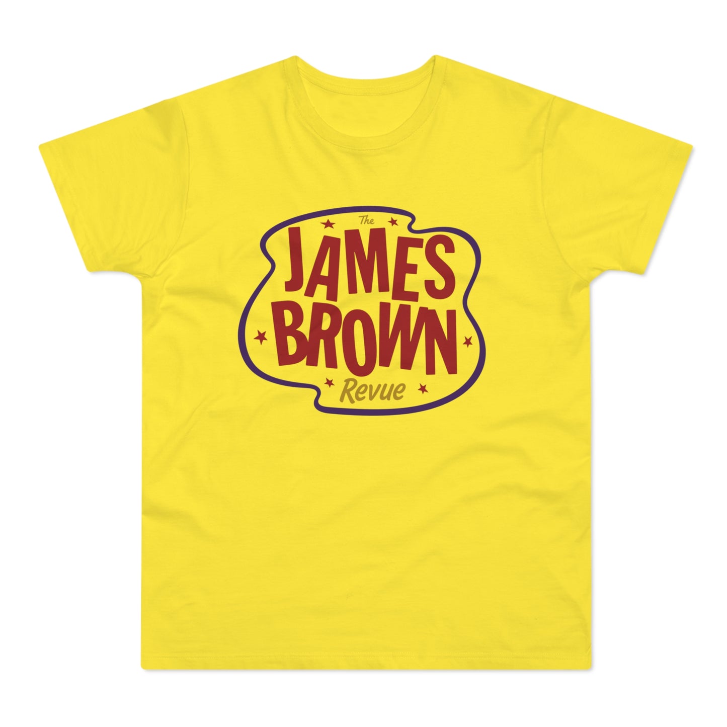Yellow t-shirt with "The James Brown Revue" text and decorative stars.
