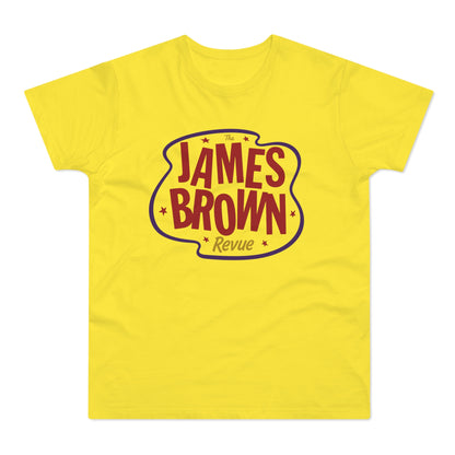 Yellow t-shirt with "The James Brown Revue" text and decorative stars.
