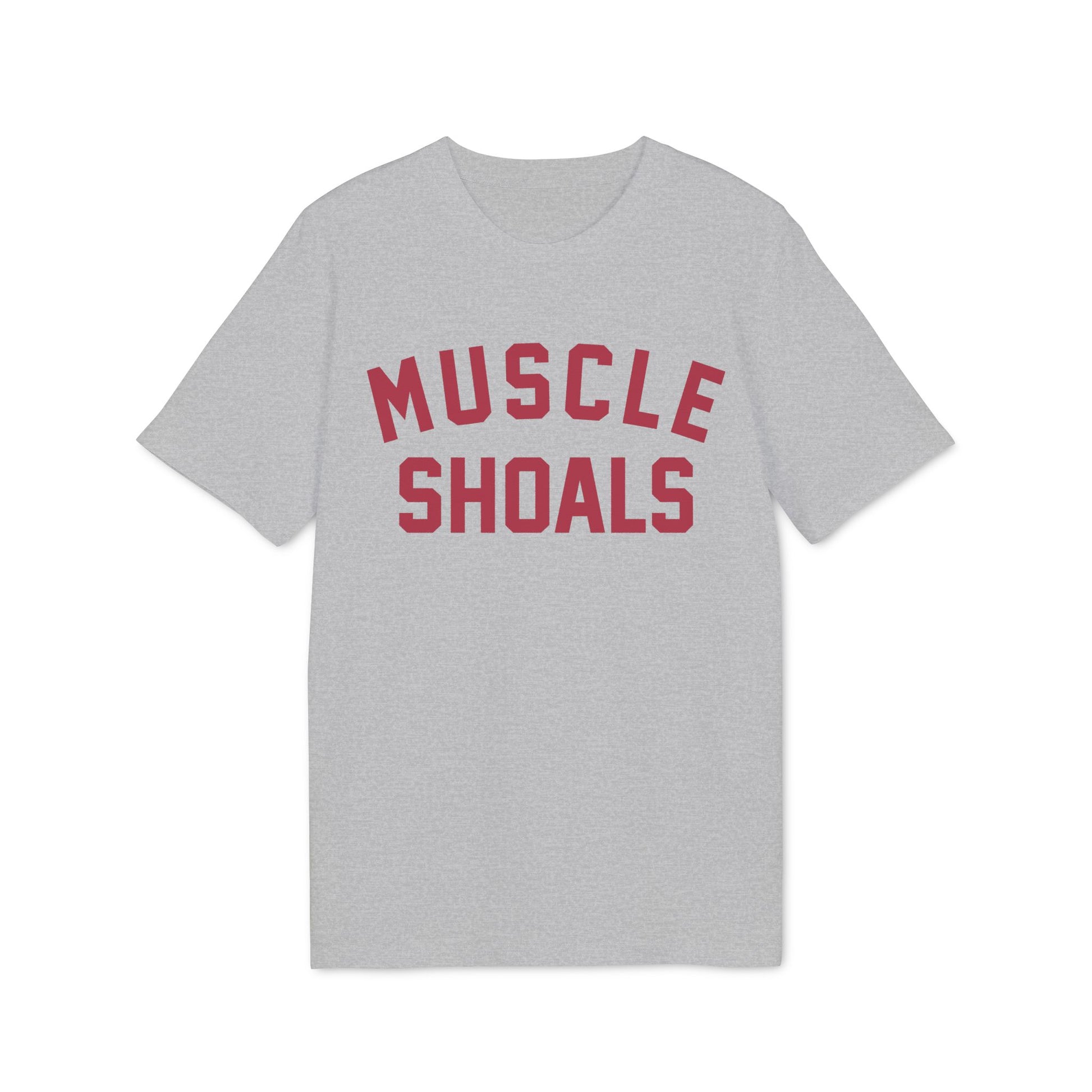 Grey t-shirt with red "MUSCLE SHOALS" text.