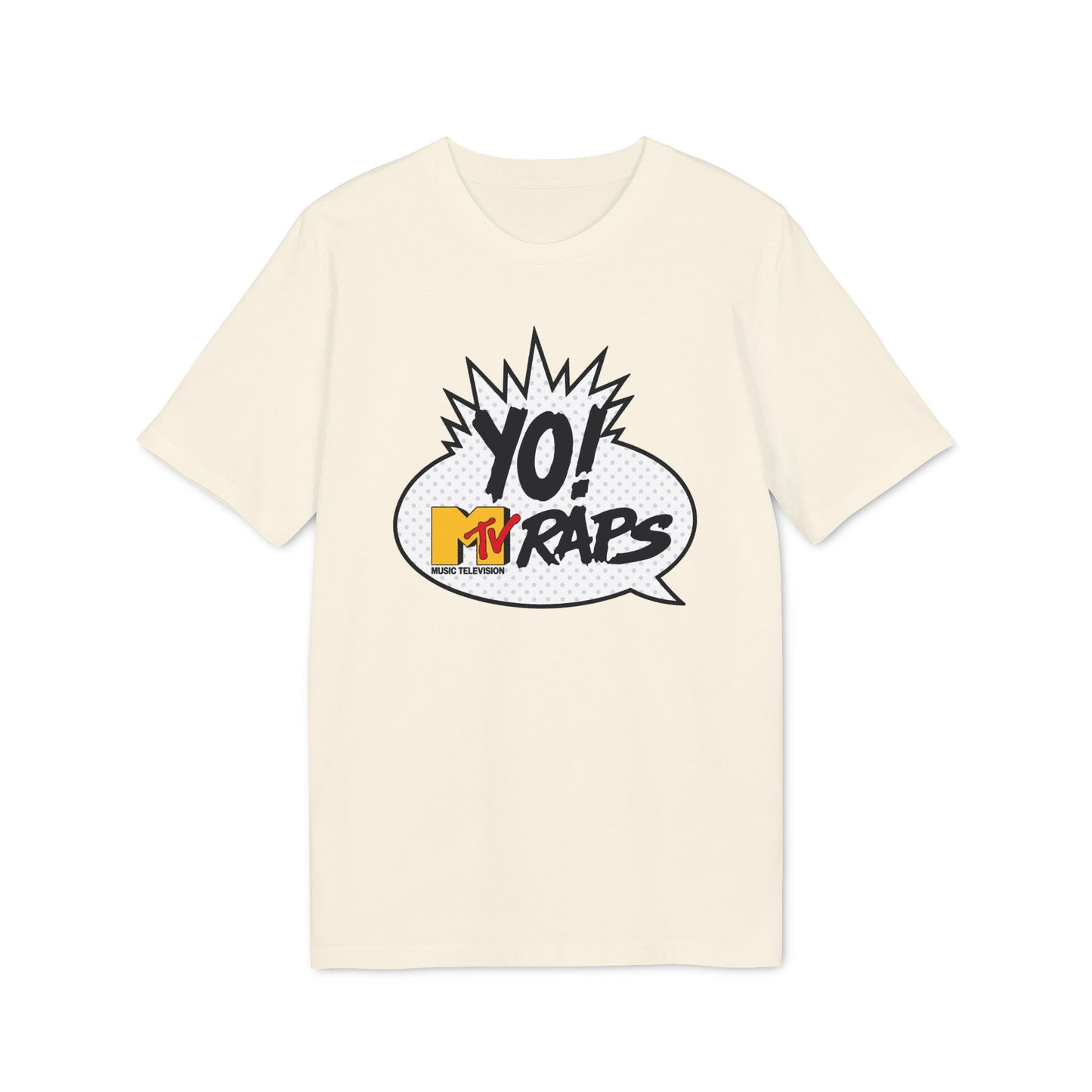 Cream t-shirt with Yo! MTV Raps comic bubble graphic.