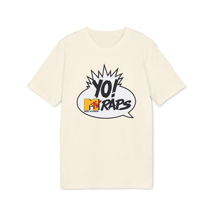 Cream t-shirt with Yo! MTV Raps comic bubble graphic.
