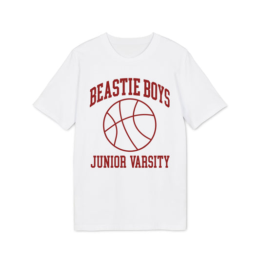 White t-shirt with "Beastie Boys Junior Varsity" and basketball graphic.