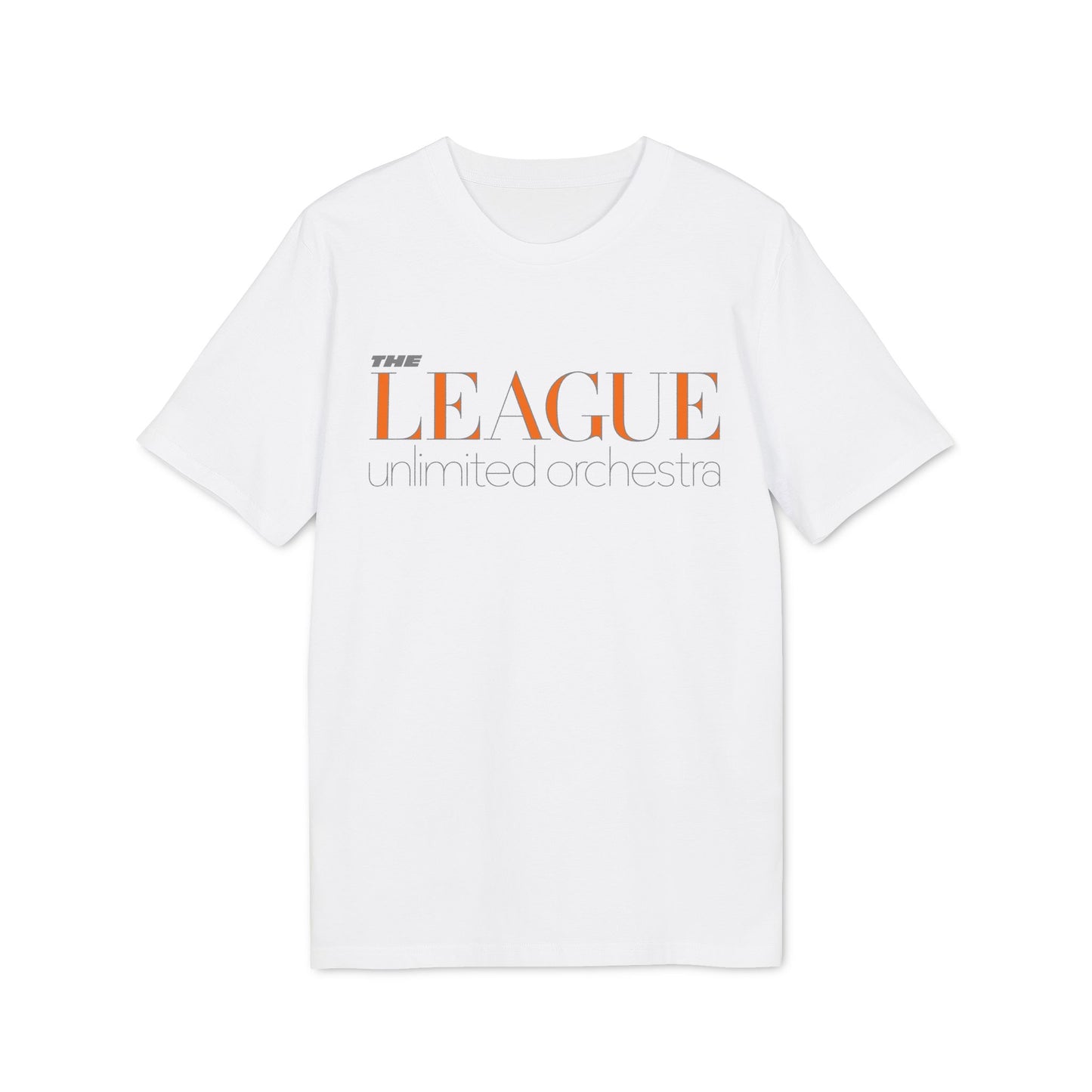 White t-shirt with "THE LEAGUE unlimited orchestra" text in orange and gray.