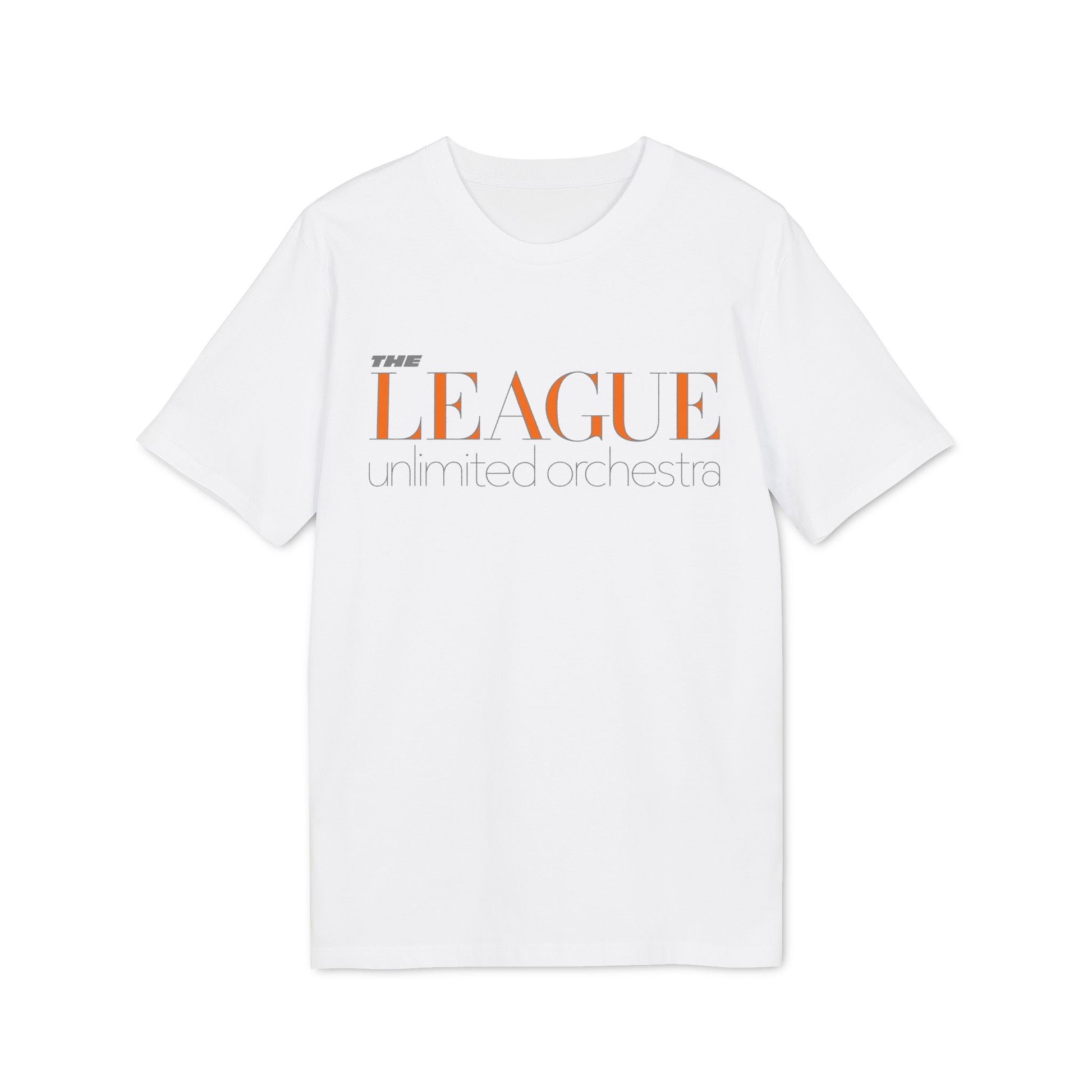 White t-shirt with "THE LEAGUE unlimited orchestra" text in orange and gray.