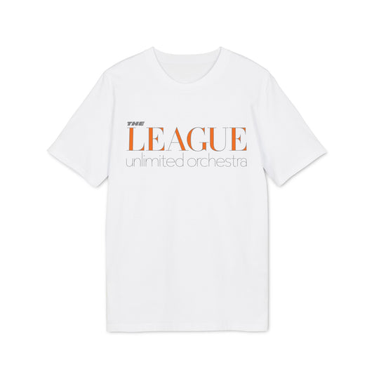 White t-shirt with "THE LEAGUE unlimited orchestra" text in orange and gray.