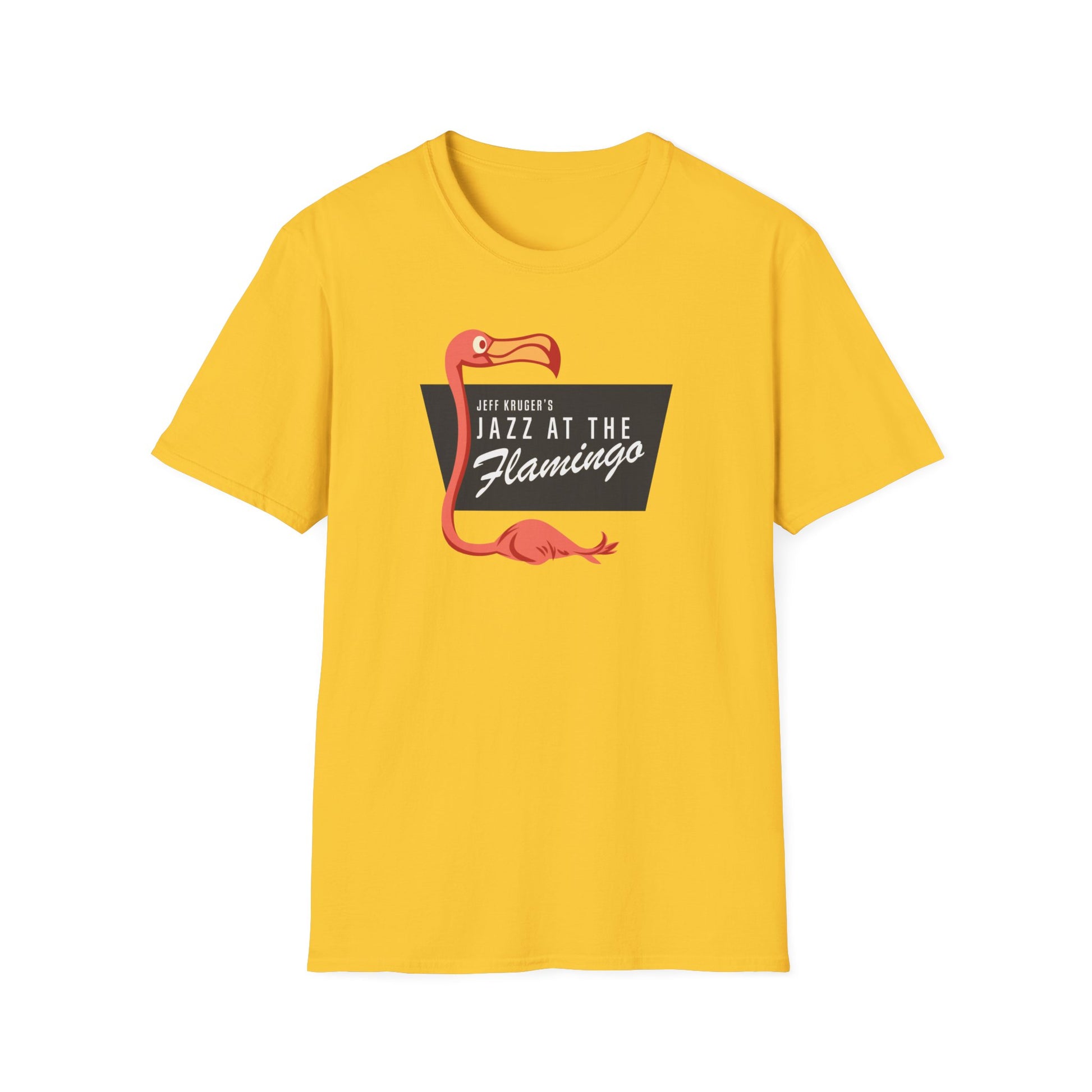 Yellow t-shirt with a pink flamingo and "Jeff Kruger's Jazz at the Flamingo" text graphic.
