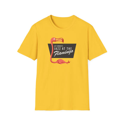 Yellow t-shirt with a pink flamingo and "Jeff Kruger's Jazz at the Flamingo" text graphic.