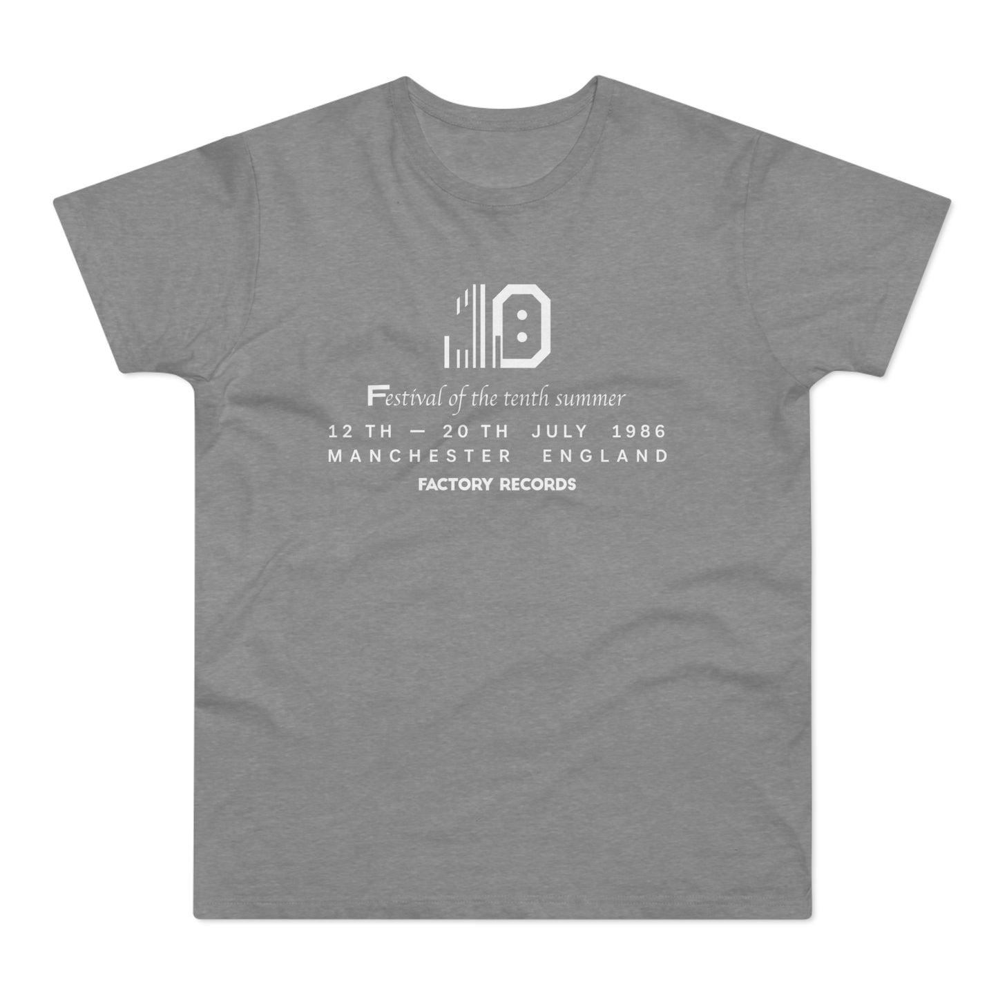 Grey t-shirt with "Festival of the tenth summer" and Factory Records text.