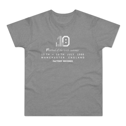 Grey t-shirt with "Festival of the tenth summer" and Factory Records text.