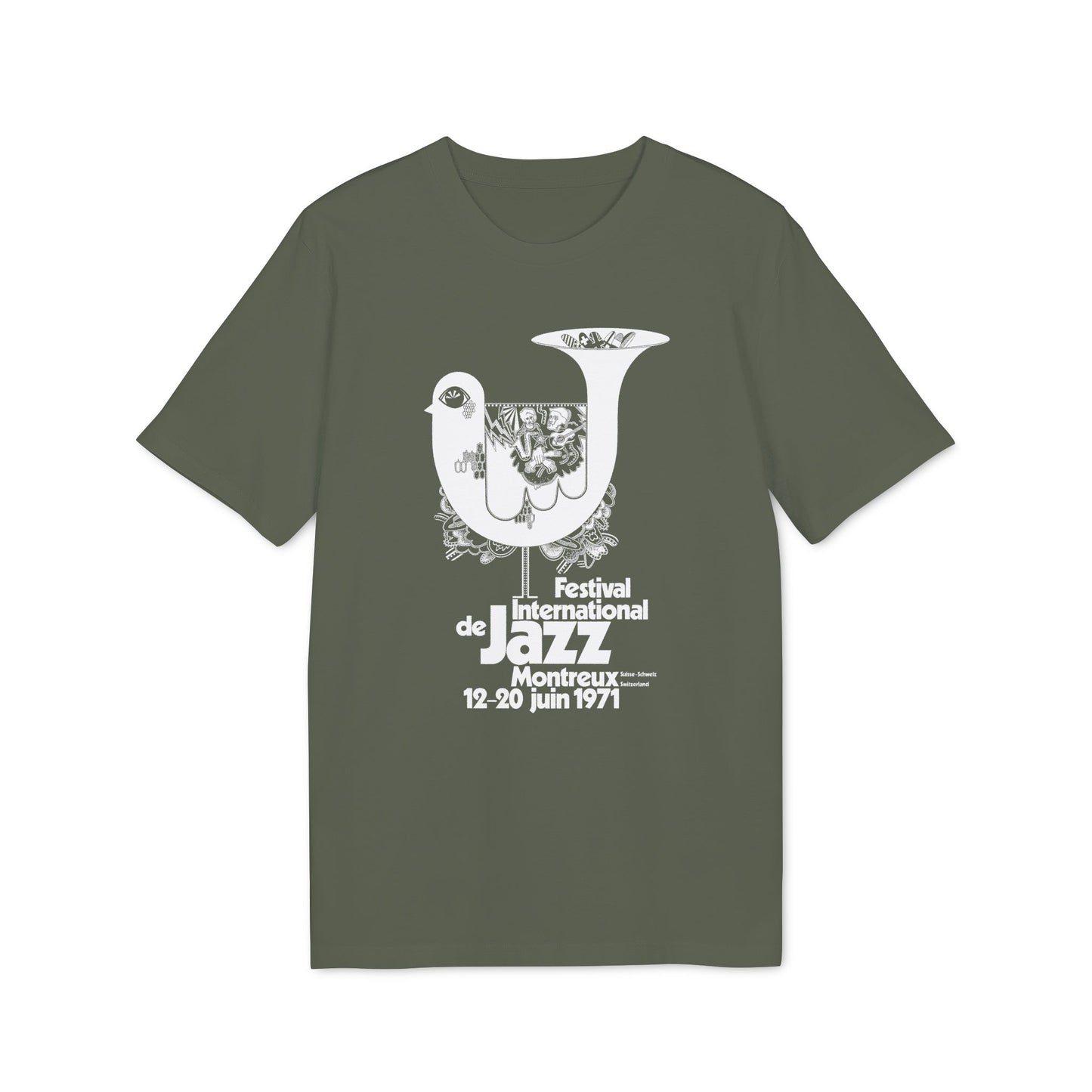 Montreux Jazz Festival 1971 graphic design on a green t-shirt.