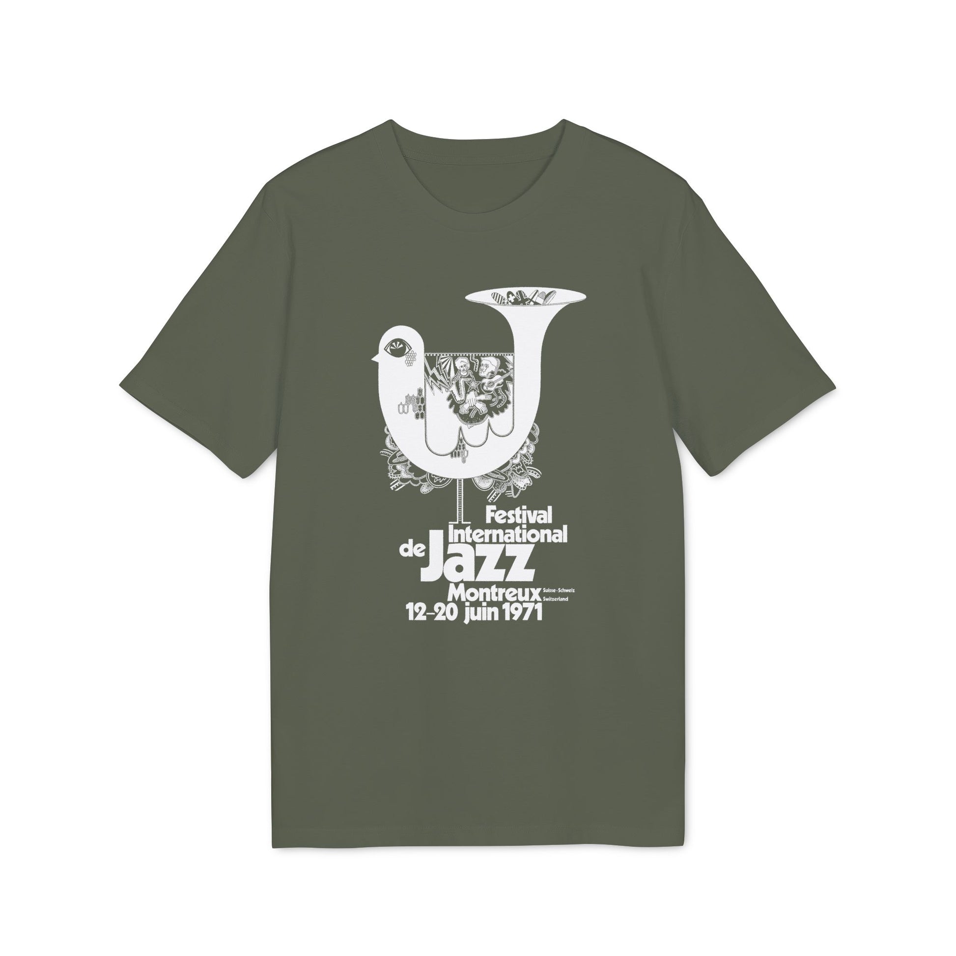 Montreux Jazz Festival 1971 graphic design on a green t-shirt.