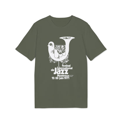 Montreux Jazz Festival 1971 graphic design on a green t-shirt.