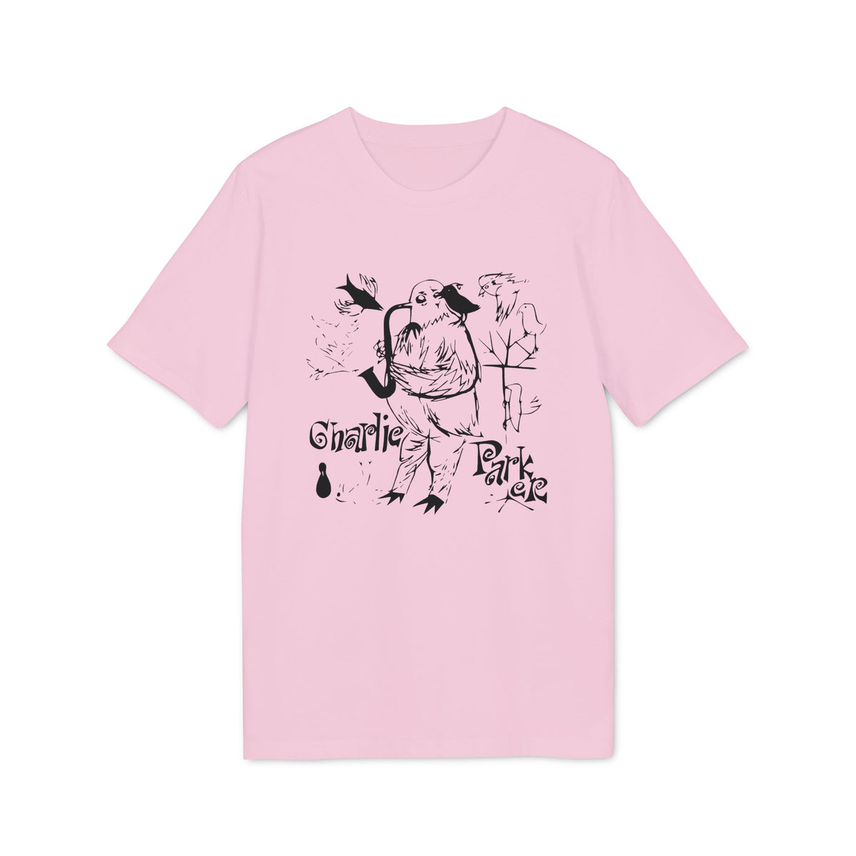 Pink t-shirt with black ink drawing of a bird playing saxophone, with text "Charlie Parker".