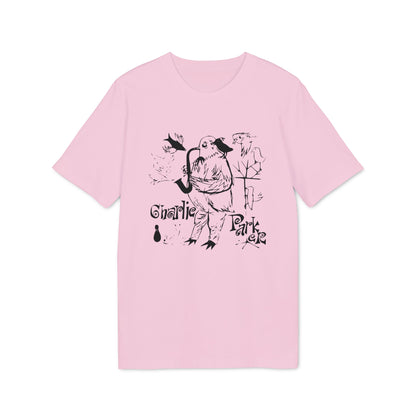 Pink t-shirt with black ink drawing of a bird playing saxophone, with text "Charlie Parker".