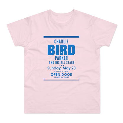 Pink t-shirt with Charlie Bird Parker And His All Stars concert listing.