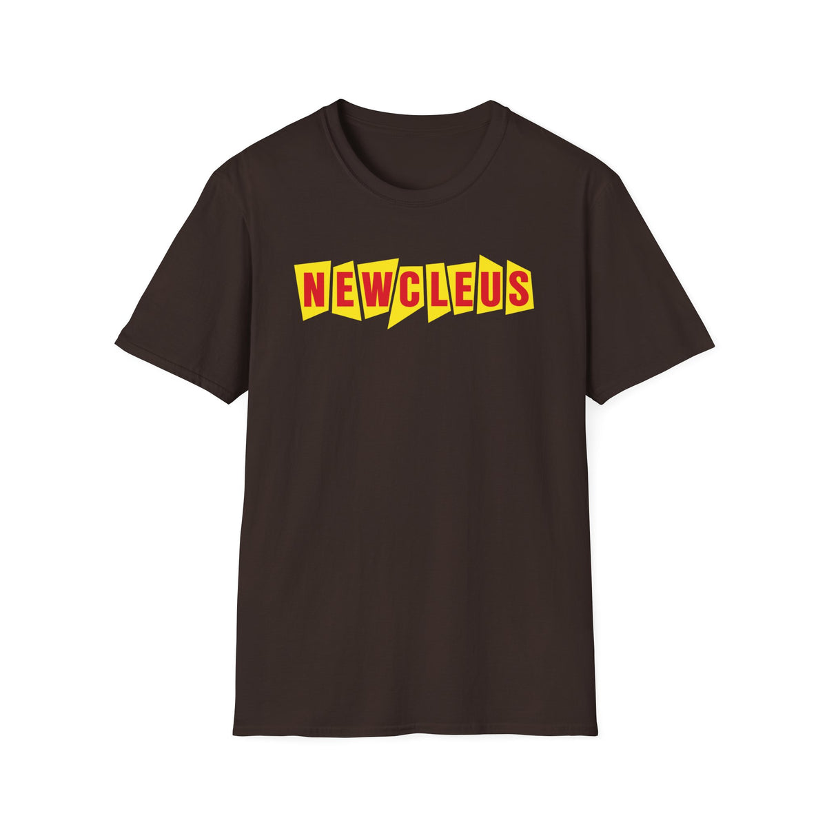 Brown t-shirt with yellow and red "NEWCLEUS" text.