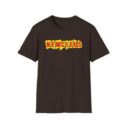 Brown t-shirt with yellow and red "NEWCLEUS" text.