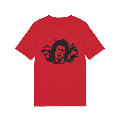 Bob Marley and two other figures in black silhouette on a red t-shirt.