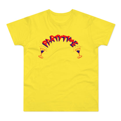 Yellow t-shirt with red and blue "PARTY TIME" text and martini glasses.