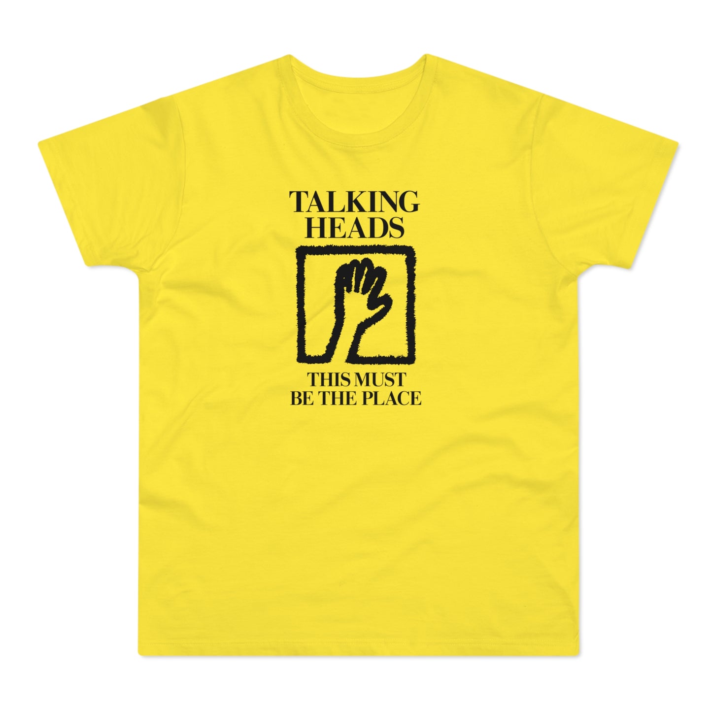 Yellow t-shirt with Talking Heads logo and "This Must Be the Place" text.