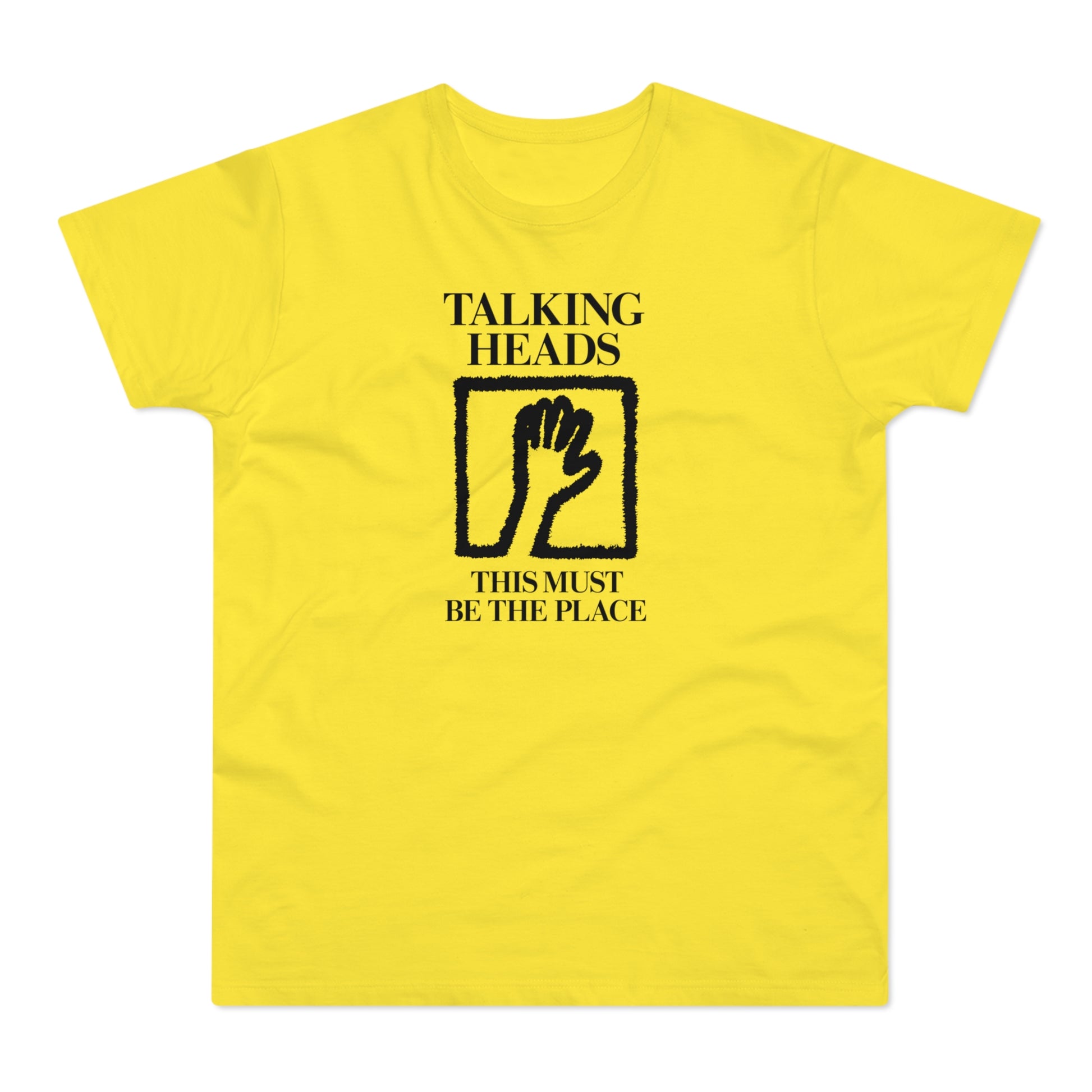 Yellow t-shirt with Talking Heads logo and "This Must Be the Place" text.